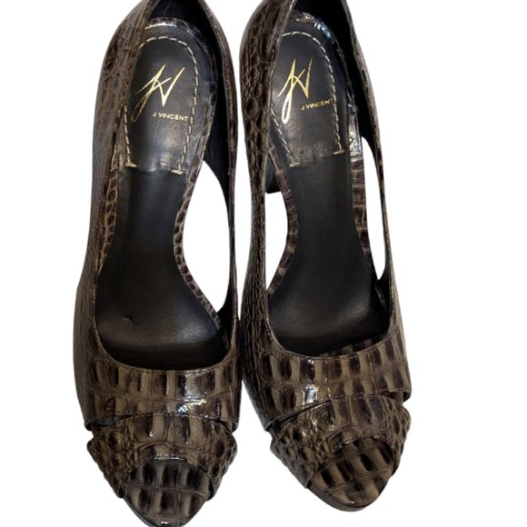 J Vincent Faux Croc All Leather Platform Pump Peep Toe Stiletto Heels Size 9.5 - Picture 6 of 7